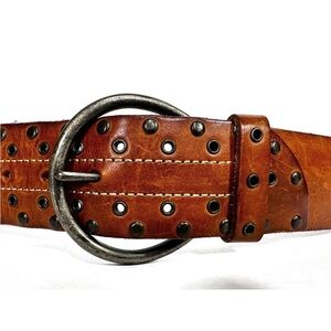 VTG LINEA PELLE 2” BELT LEATHER STUDDED WESTERN PUNK BIKER BROWN WAIST: 29”-33”